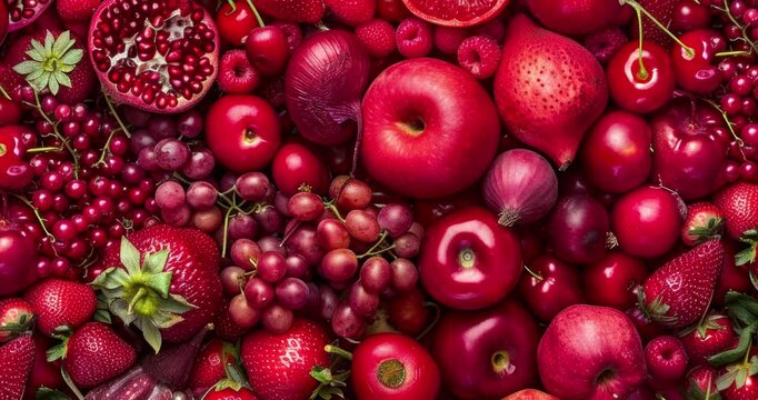 red fruits vegetables apples strawberries pomegranates grapes aesthetic composition deep crimson light pink