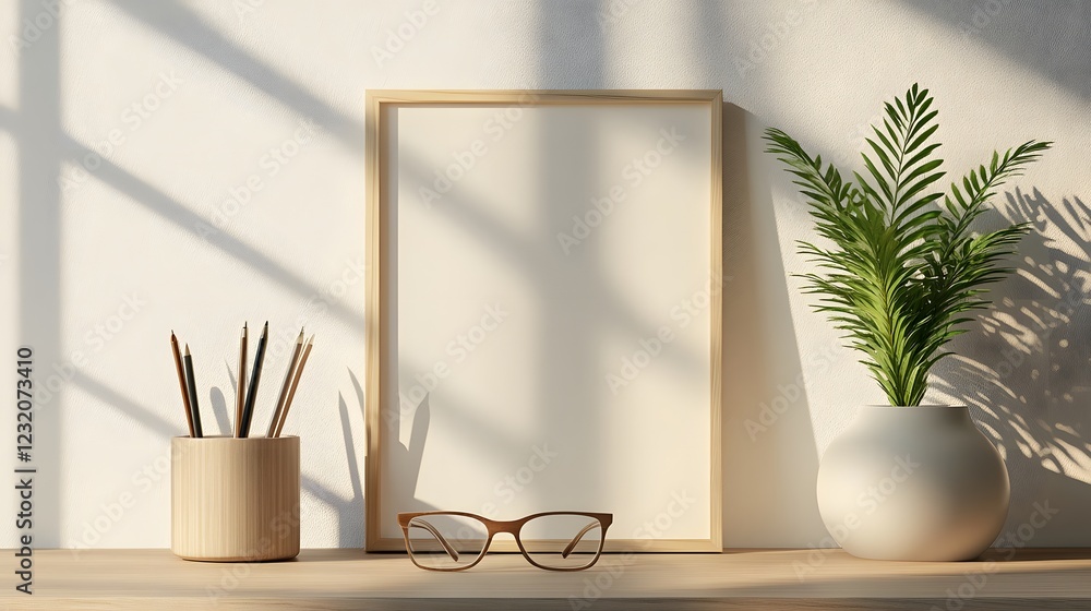 Aufkleber minimal and peaceful workspace with a wooden frame tropical plant in a pot and other natural decor e