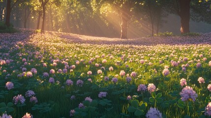 Fototapeta premium Sunlit clover field, forest background, idyllic nature scene, desktop wallpaper