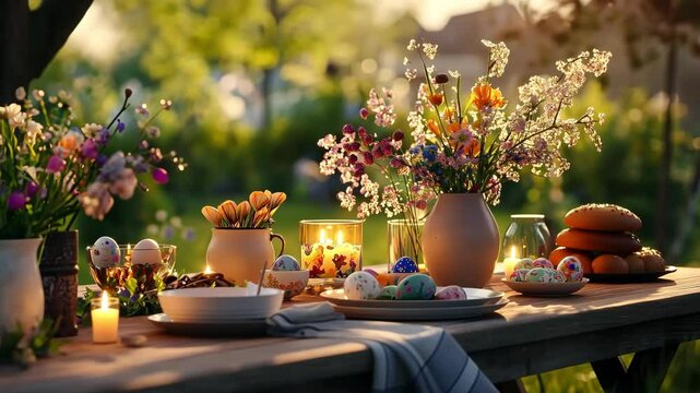 easter table with flowers in the garden