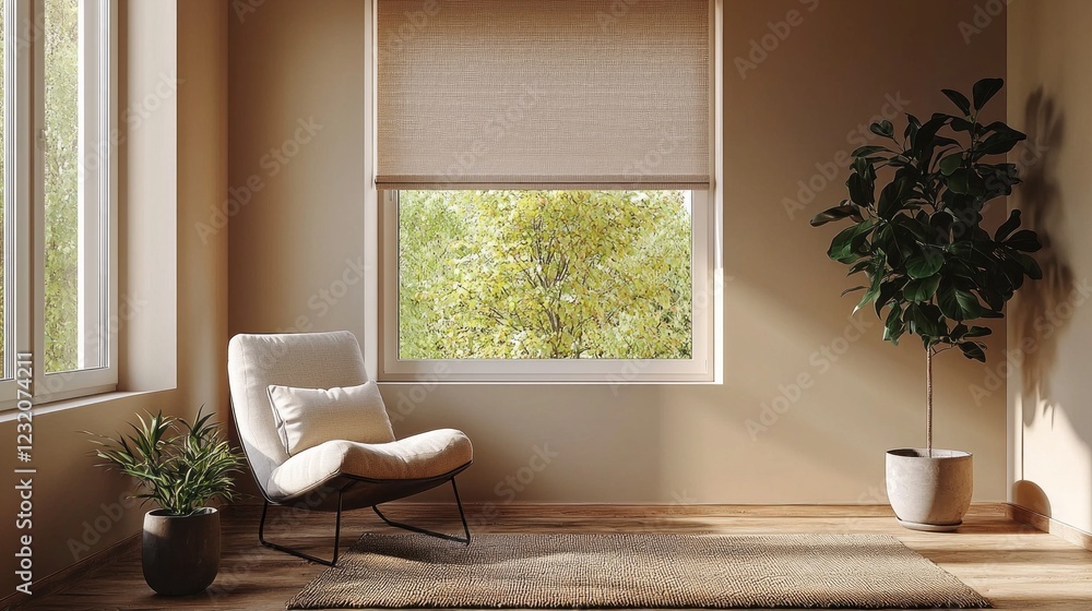 Aufkleber a cozy reading nook features a soft chair in calming mocha, surrounded by green plants and natural l