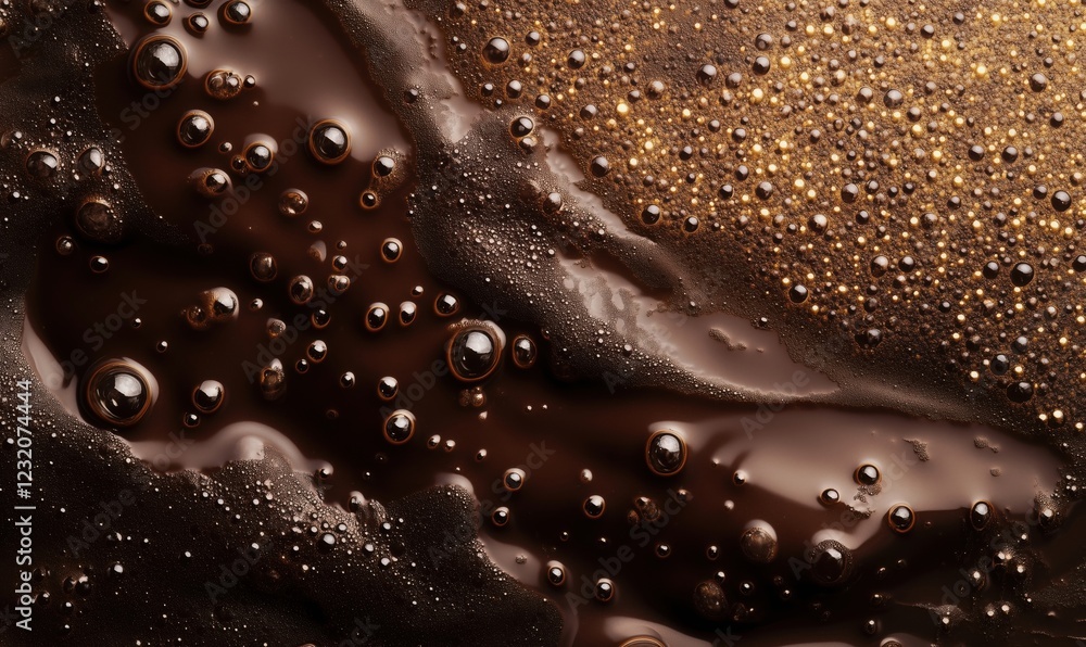 Poster rich, dark coffee surface with bubbles and foam, showcasing texture and depth in a close-up view