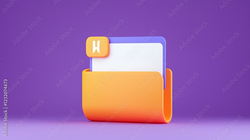 Poster 3d render of an orange folder icon with a purple tab and a white 