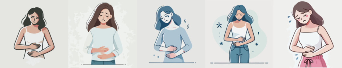vector set of women holding a sick stomach