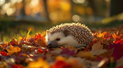 Fototapeta premium Autumn Hedgehog Resting in Fallen Leaves, Park