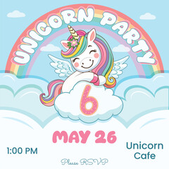Birthday party invitation template with cute unicorn hugs cloud with number 6. Vector illustration.