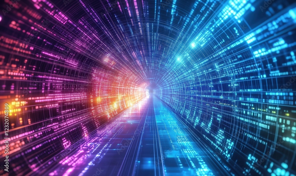 Poster vibrant digital tunnel with colorful light trails and binary data streams, representing technology, 