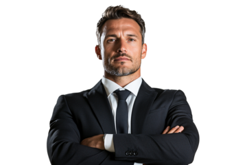 Confident businessman posing in a suit studio professional portrait direct view corporate success and ambition