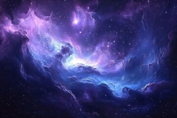 Fototapeta premium ethereal cosmic nebula swirling with bioluminescent blues and purples, featuring spiral arms of stardust, distant galaxies, and shimmering celestial bodies in deep space