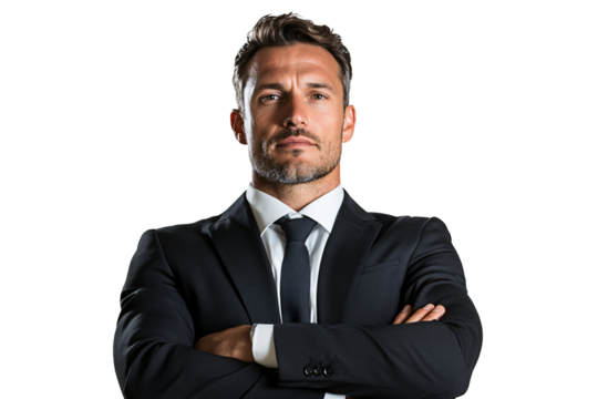 Confident businessman posing in a suit studio professional portrait direct view corporate success and ambition