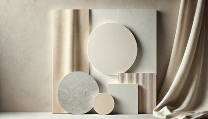 A high-resolution image featuring minimalist textures. The composition includes smooth concrete, soft linen, and subtle wood grain, arranged harmonious
