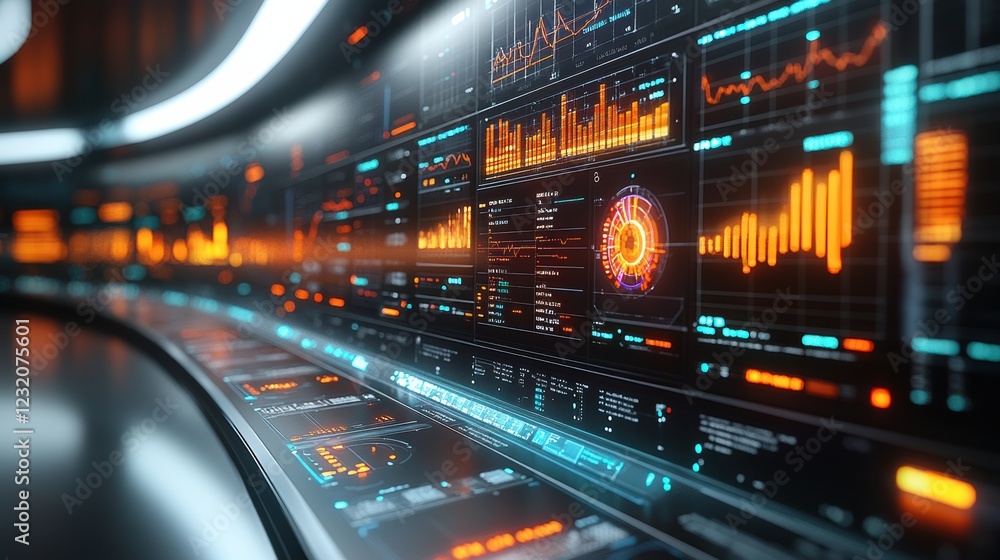 Poster Futuristic digital interface displaying data analytics and graphs in vibrant colors. Ideal for illustrating advanced technology and digital innovation.