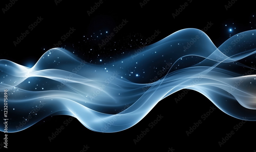 Poster abstract blue wave patterns with glowing particles and smooth curves on black background, representi