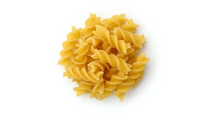 bunch of fusilli pasta isolated on white background with shadow. yellow Italian fusilli pasta top view