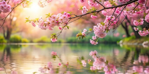 Fototapeta premium Softly glowing pink cherry blossoms sway gently in the breeze amidst a tranquil garden oasis, reflecting perfectly on a serene pond's calm surface , pond, peaceful