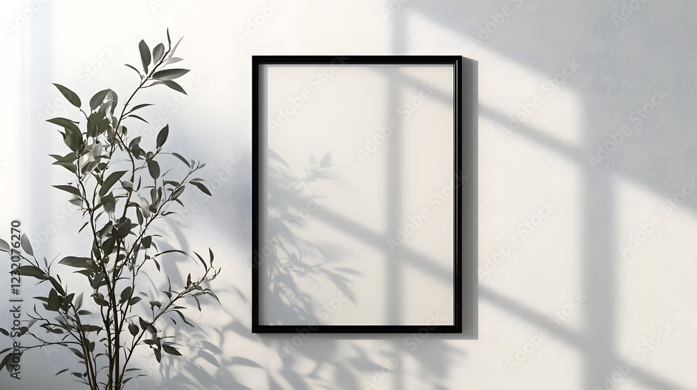 Poster minimalist botanical shadow frame with lush green leaves and branches casting a serene natural shado