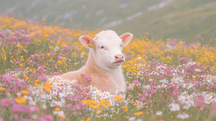 Fototapeta premium Calf rests in alpine meadow wildflowers