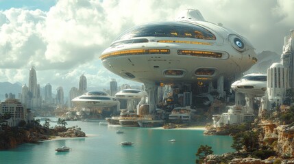 Futuristic Coastal Cityscape: Flying Vessels and Skyscrapers