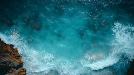 Obraz premium Aerial View of Turquoise Ocean Waves Crashing on Rocky Shore