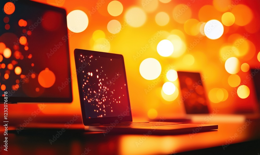Poster vibrant bokeh background with laptops and screens displaying colorful lights
