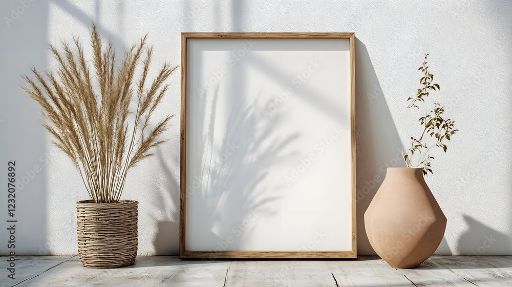Poster minimalist home interior design with a decorative vase filled with dried flowers displayed on a wood