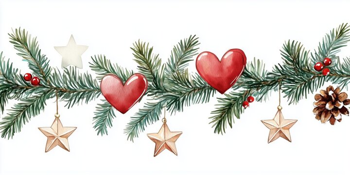 Christmas garland featuring pine branches, red hearts, wooden stars, and pine cones, perfect for festive decorations