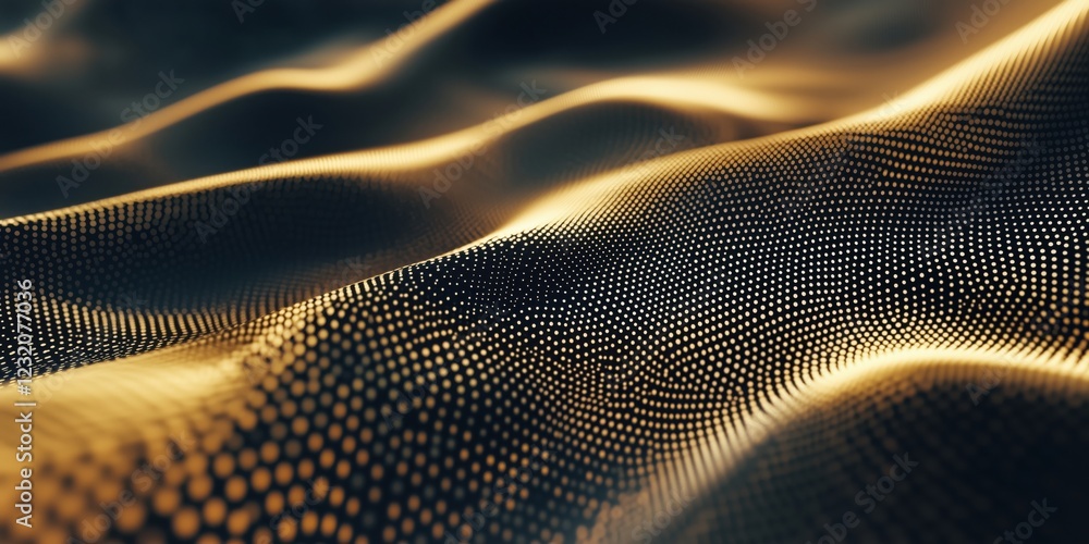 Poster golden textured waves with intricate dot patterns creating a mesmerizing visual effect in a digital 