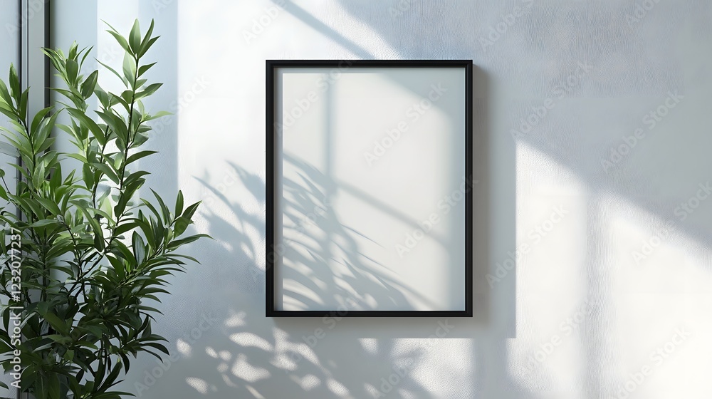 Poster minimalist indoor setting with a potted plant and a simple picture frame displayed on a light colore