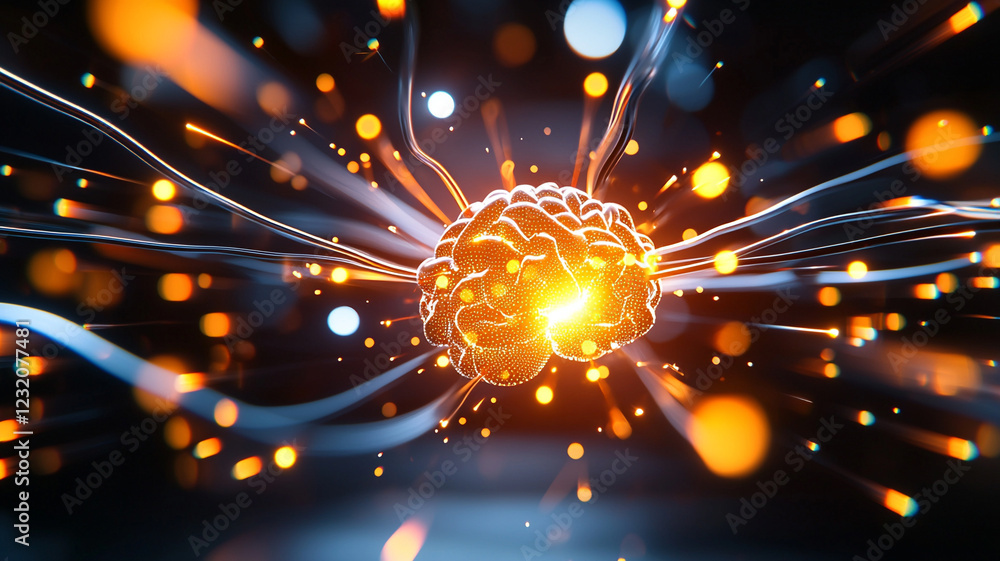 Poster glowing orb radiating energy abstract 3d rendering of a futuristic network