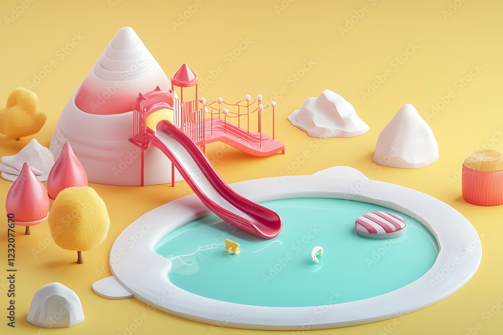 Poster playful 3d render of a miniature playground with slide and pool