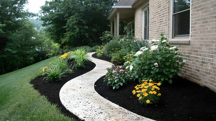 Obraz premium Curving stone path, landscaping, house, garden