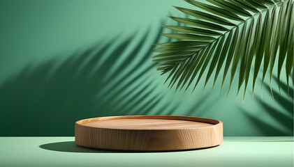 Natural Elegance: Wooden Podium with Palm Leaves and Shadows on a Green Background
