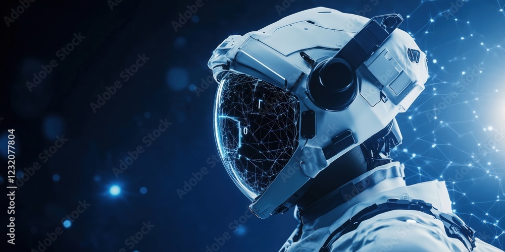Poster futuristic astronaut helmet with digital interface and glowing network connections, showcasing advan