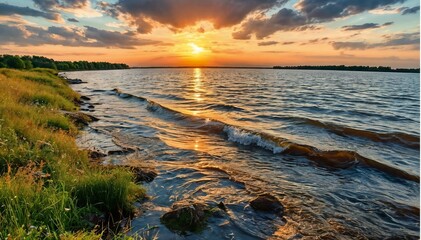 Obraz premium Warm Sunset Glowing over Calm Lake with Soft Waves and Grassy Shoreline