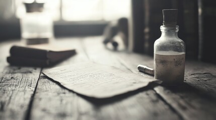 Antique glass bottle, old paper, quill pen on wooden desk.