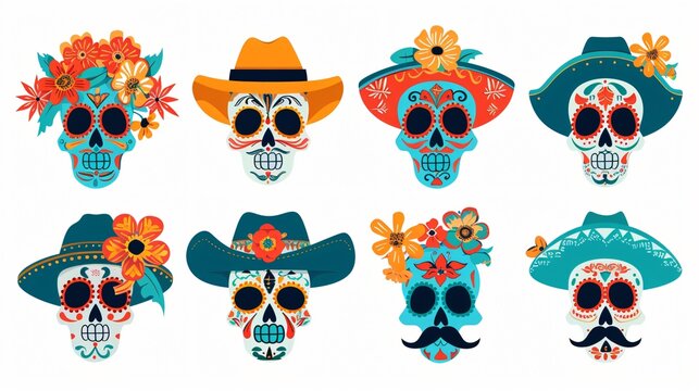 Colorful Mexican Sugar Skulls Flat Vector Illustrations Collection