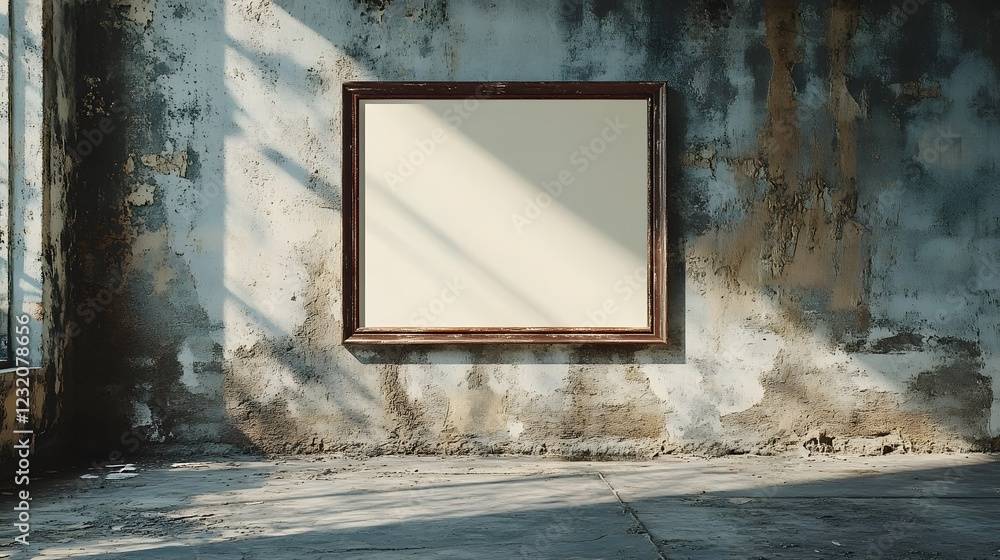 Poster moody interior with an empty vintage wooden frame hanging on a grungy distressed concrete wall with 