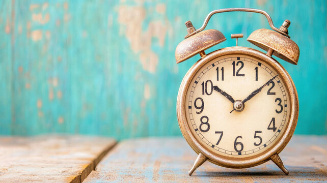 A close-up of a vintage mechanical alarm clock, its surface worn with peeled paint and rusted details, yet its dial remains perfectly intact and well-preserved.