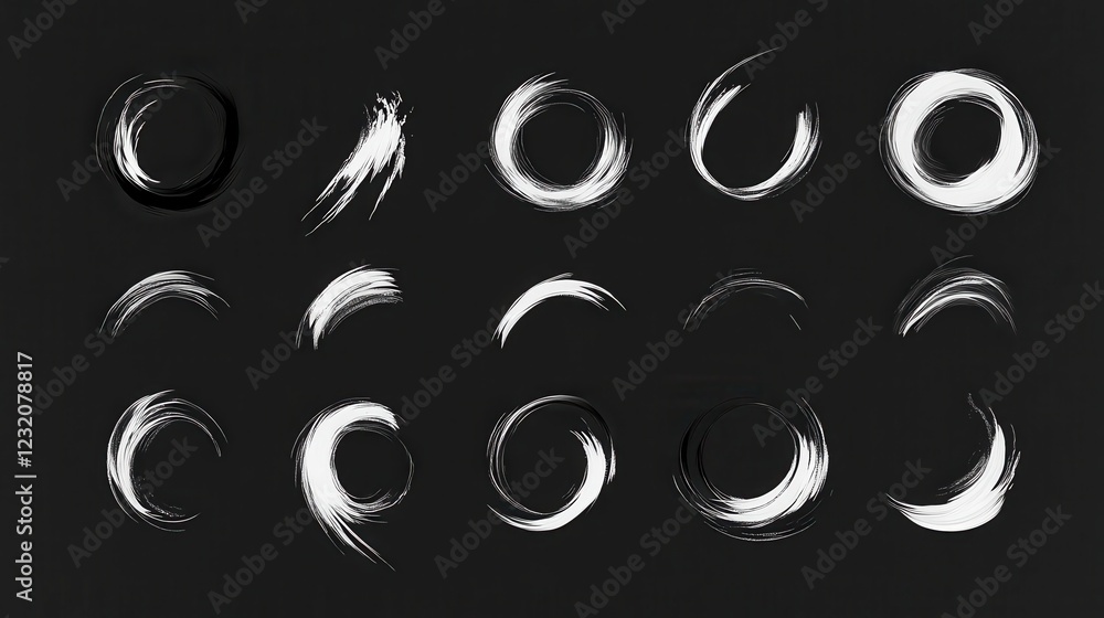Poster collection of black and white abstract paintbrush strokes forming circles and arcs on a dark gray ba