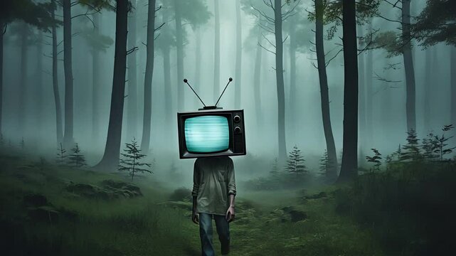 Surreal Scene of a Person with a Vintage Television Head Standing in a Mysterious Foggy Forest with Tall Trees

