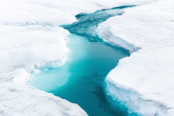 Melting Glacier with Turquoise Water Stream and White Ice Surrounding