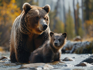 Obraz premium A male grizzly bear protecting a bear cub from a wolf.