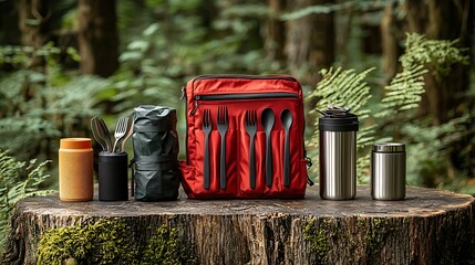 Red Camping Backpack with Cutlery and Tumblers for Outdoor Adventures