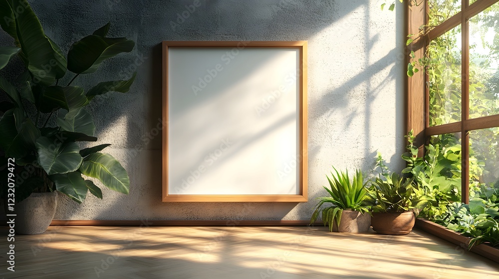 Poster peaceful indoor plant arrangement with lush greenery and natural sunlight streaming through a window