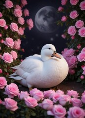 Elegant white duck resting in a bed of pink roses under moonlight, wild bird, moonlit night, exquisite