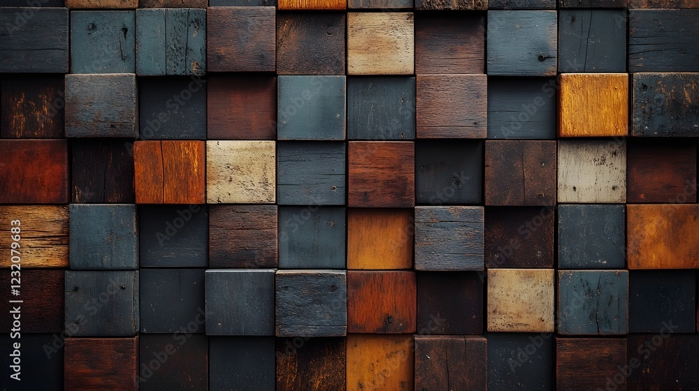 Aufkleber Rustic Aged Wooden Abstract Textured Background with Vintage Mosaic Grid Patterns in Warm Brown and Orange Tones  Grunge Distressed Surface with Geometric Design Elements