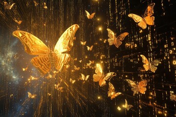 ethereal digital artwork of golden bitcoin fragmenting into luminous cyber-butterflies against a deep space background, with binary code trails