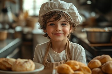 Young boy wearing chef hat smiles in a cozy kitchen surrounded by freshly baked pastries