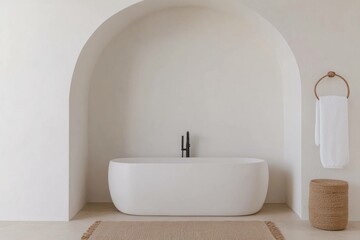 Minimalist bathroom design featuring a freestanding bathtub and neutral tones for a serene ambiance, perfect for relaxation and wellness