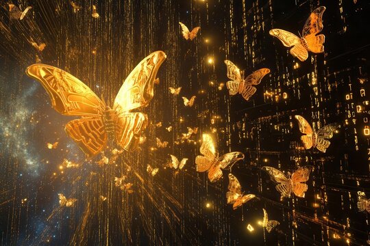 ethereal digital artwork of golden bitcoin fragmenting into luminous cyber-butterflies against a deep space background, with binary code trails